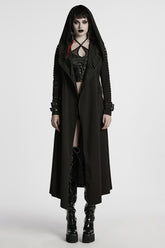 Black Long Sleeves Hooded Ripped Buckle Women's Punk Long Coat